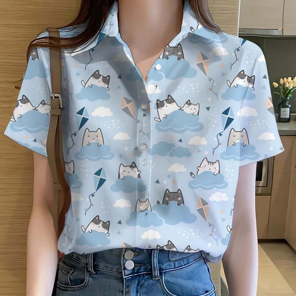 Womens Shirts Cute Animal Cat dinosaur 3D Printed Casual Hawaiian Short Sleeve Button Beach Shirt Summer Blouse Women's Clothes