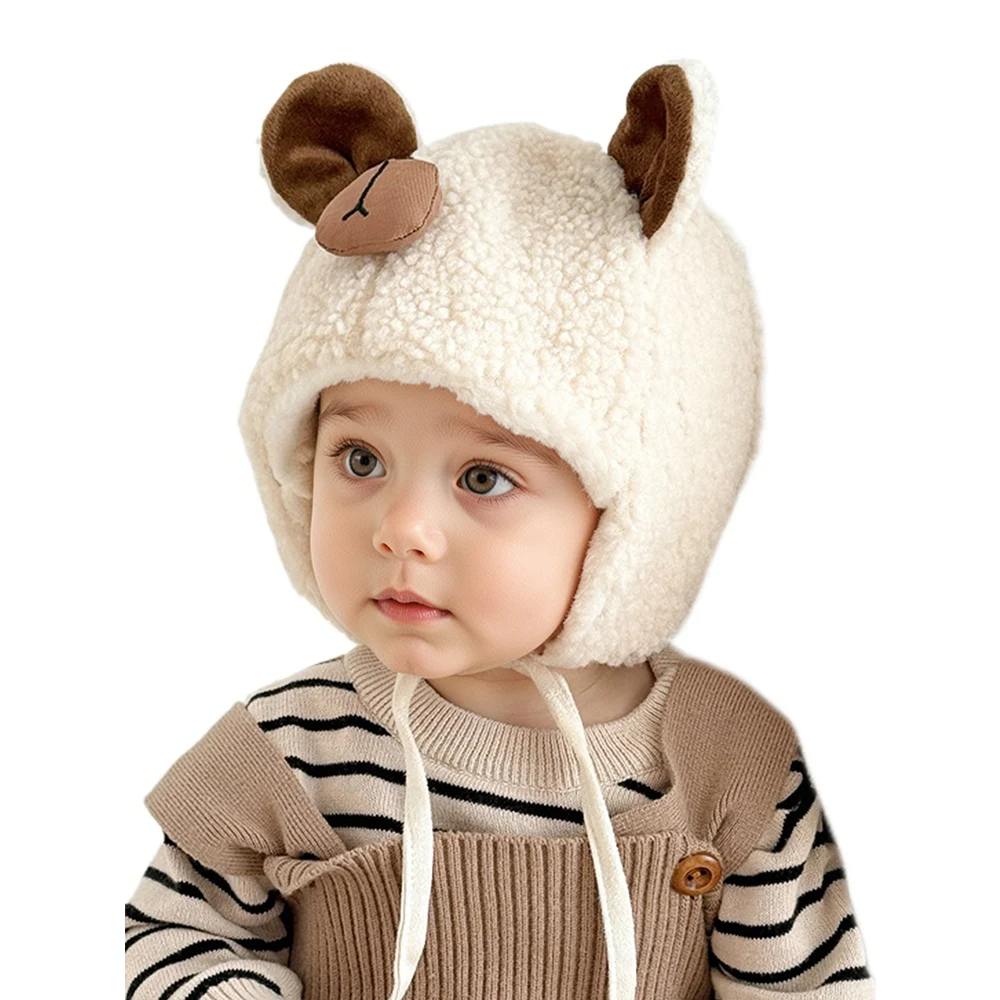 

New Plush Winter Baby Hat for Girls Boys Warm Fleece Tie Bonnet Outdoor Windproof Hat with Bear Ear Thicken Kids Beanies Cap