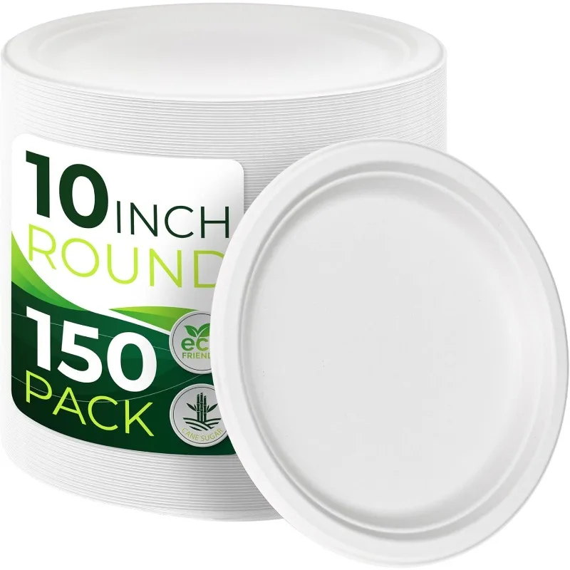

150PCS 100% Compostable Paper Plates(10 in), Heavy Duty Disposable Plates, Eco Friendly Dinner Plates, Biodegradable Plates