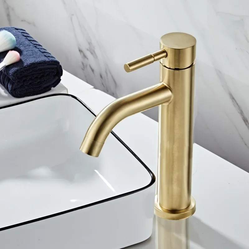 Bathroom Basin Faucet Deck Mounted Cold and Hot Water Mixer Tap Single Handle 304 Stainless Steel Brushed Gold Faucets