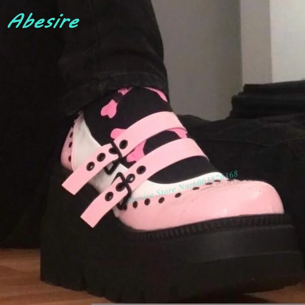 Pink Patent-Leather Double Strap Platform Pumps Round Toe Two-Tone Black Thick Sole Women's Shoes Goth Lolita Platform Shoes