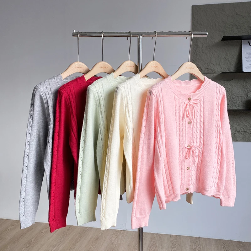 Cárdigan de punto coreano con agradable arco para mujer, suéter suave de manga larga de Color sólido a la moda, Tops informales sueltos suaves de otoño 2025