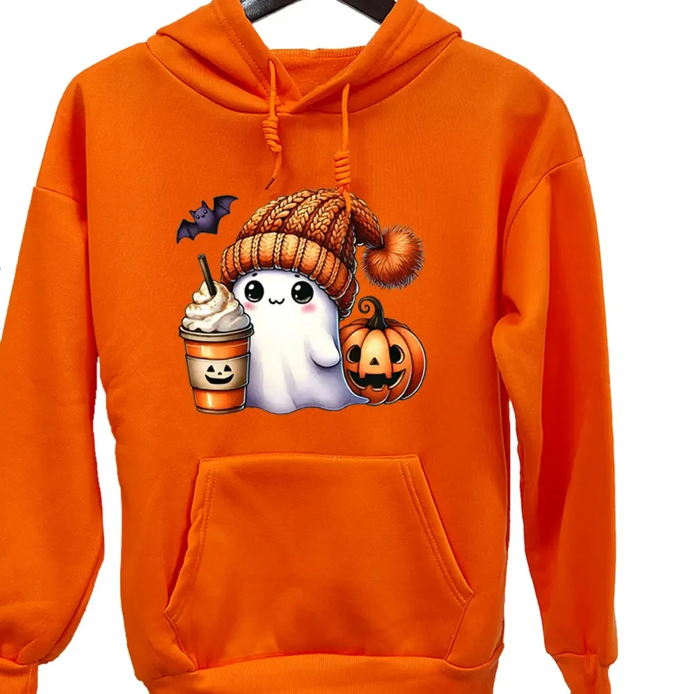 Halloween Orange Hoodies Kawaii Ghost Halloween Ladies Long Sleeve Sweatshirt Cute Halloween Bat Print Autumn and Winter Hoodie