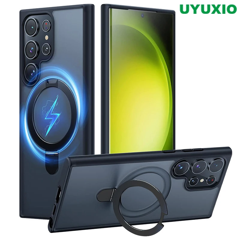 حافظة هاتف محمول بحامل مغناطيسي لهاتف سامسونج جالاكسي S25 S24 Ultra Plus S23 S22 مع غطاء خلفي شفاف بمسند حلقي #1