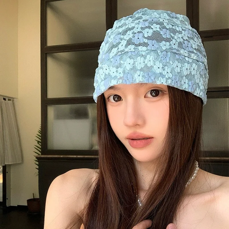 Women's Blue Lace Floral Beanie: Lightweight, Breathable Summer Hat – Unique, Vintage Style That Flatters The Face