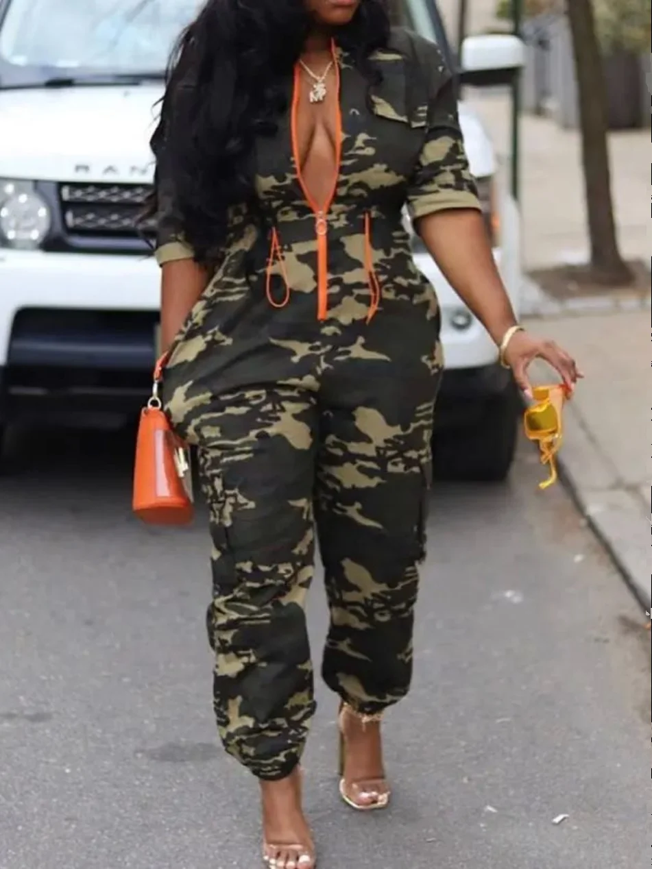 

Женский комбинезон с высокой талией и камуфляжным принтом, кардиган, уличные брюки с эффектом утяжки талии, осенняя коллекция, женская мода