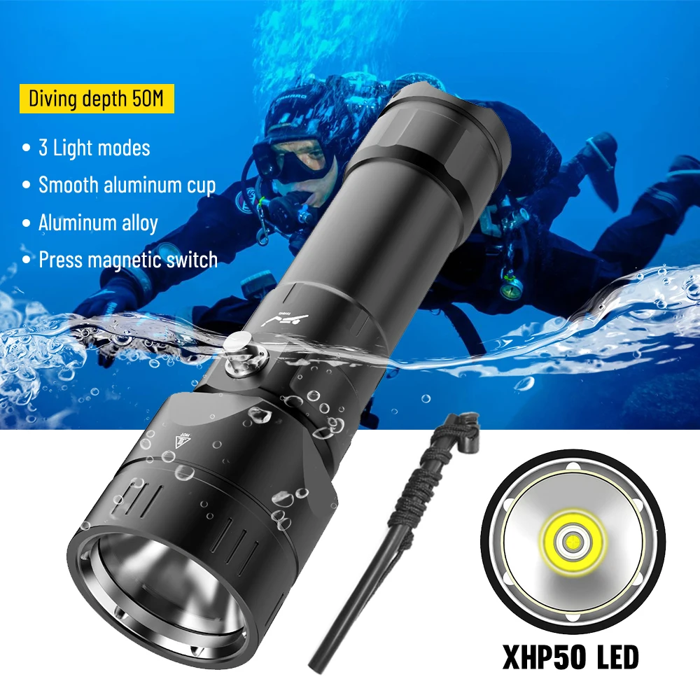 FUNNYDEER DV55 Super Bright Diving Torc XHP50 LED Diving Flashlight 18650 26650 Battery Underwater IPX8 Waterproof Dive Torch