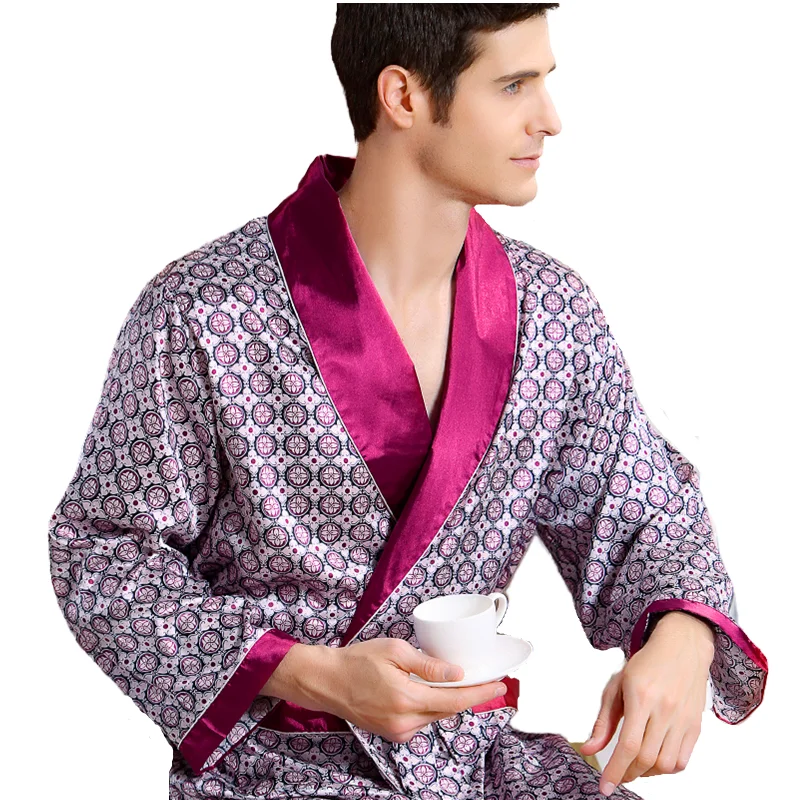 Men Luxury Silk Bathrobe Geometric Robes Big Size 5XL kimono Gown Male Robes V-neck Satin Sleepwear Pijamas Male