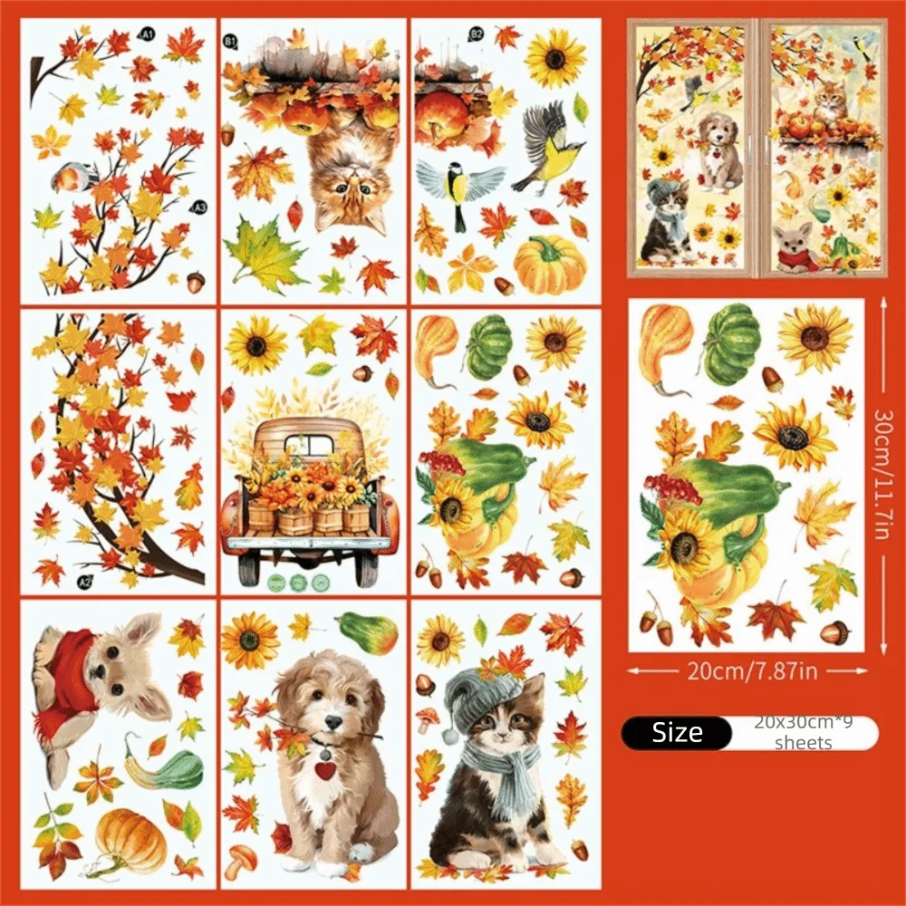 Double-Sided Fall Window Clings Reusable Waterproof Static Cling Decorations Maple Leaves Pattern No-Adhesive Static Cling