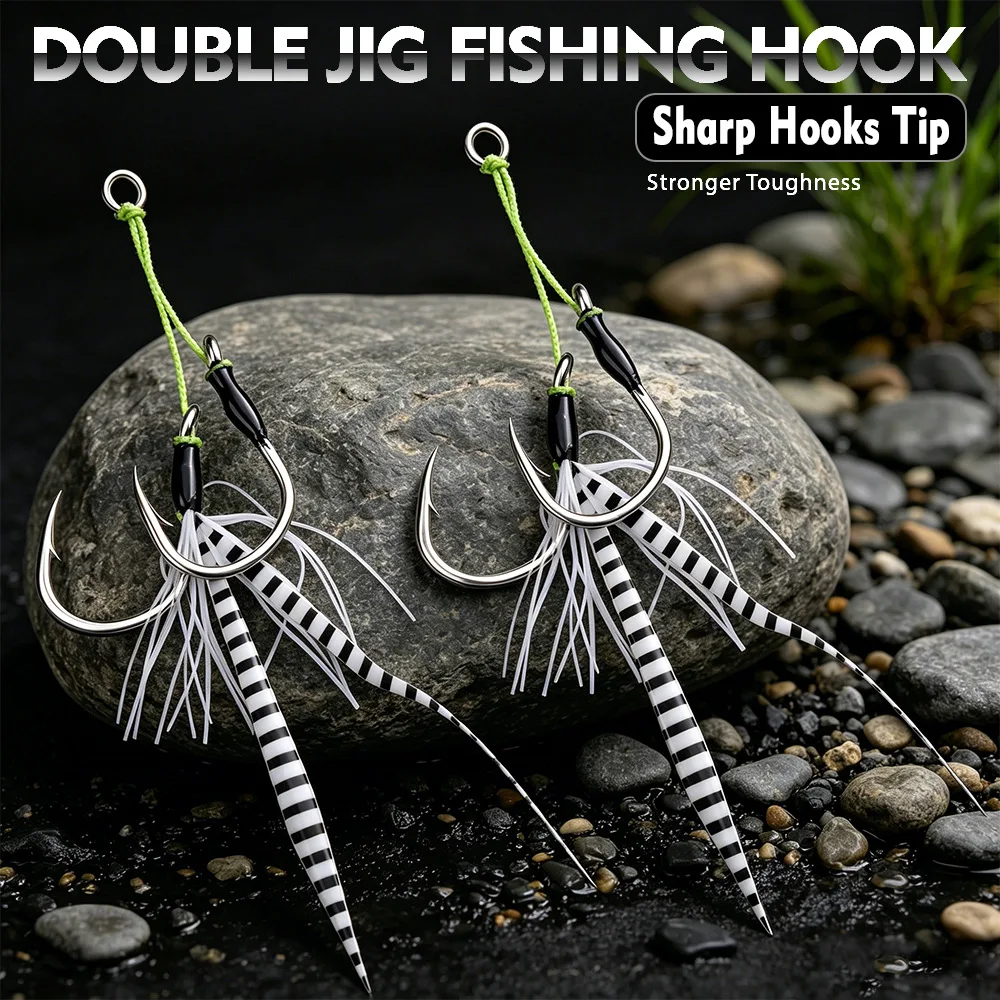 2 Stück/Doppel 3/0-13/0 Metall-Jighaken aus Hochkarbon-Stahl, Meeresfischhaken mit Drahtgebundenen Köderhaken, Große Größe, Stark für Großfische – Detail 1