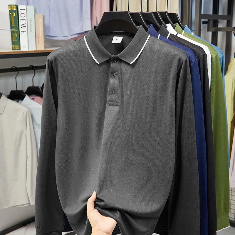 New Men's Business Casual Long Sleeved Shirt Solid Color Polo Shirt Fashionable Breathable Comfortable Versatile Top