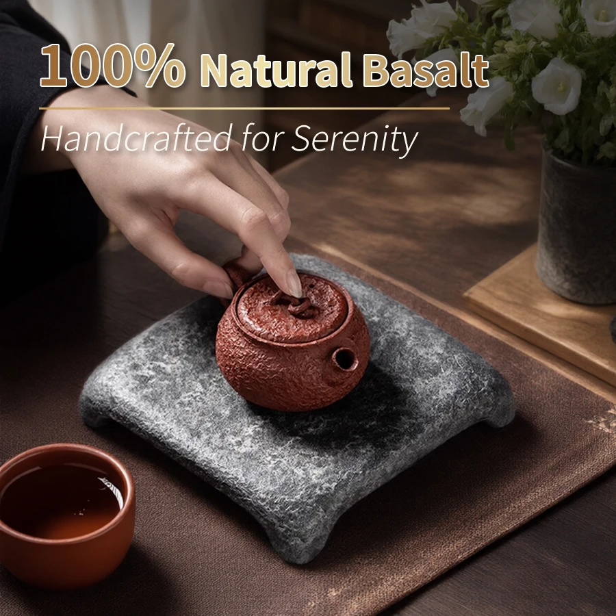 Natural Stone Teapot Stand Hand Carved Black Basalt Wabi Sabi Minimalist Zen Pot Trivet for Gongfu Tea Ceremony Table Decor