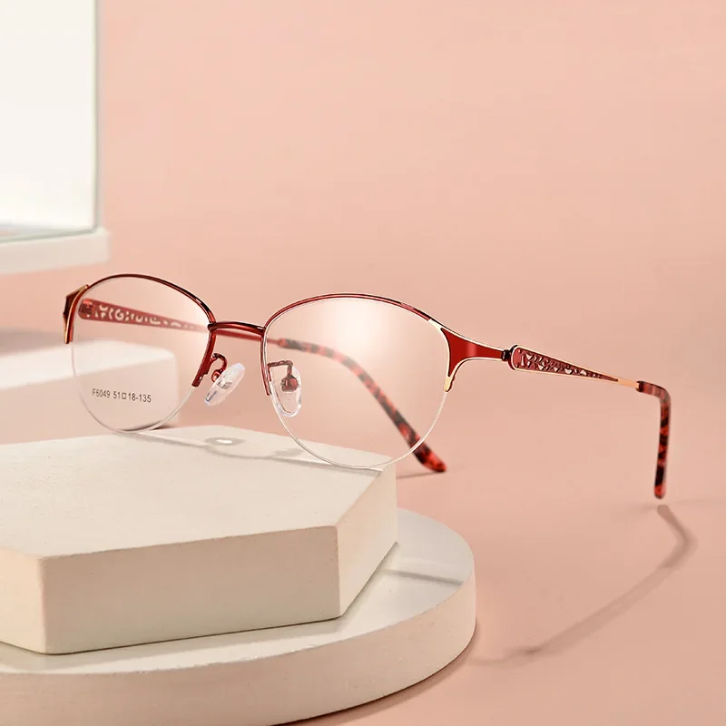 

-75 -100 -125 +150 +175 Optical Glasses Frame Semi-Rimless Frame Business Red Elegant Optical Prescription Frame Customization