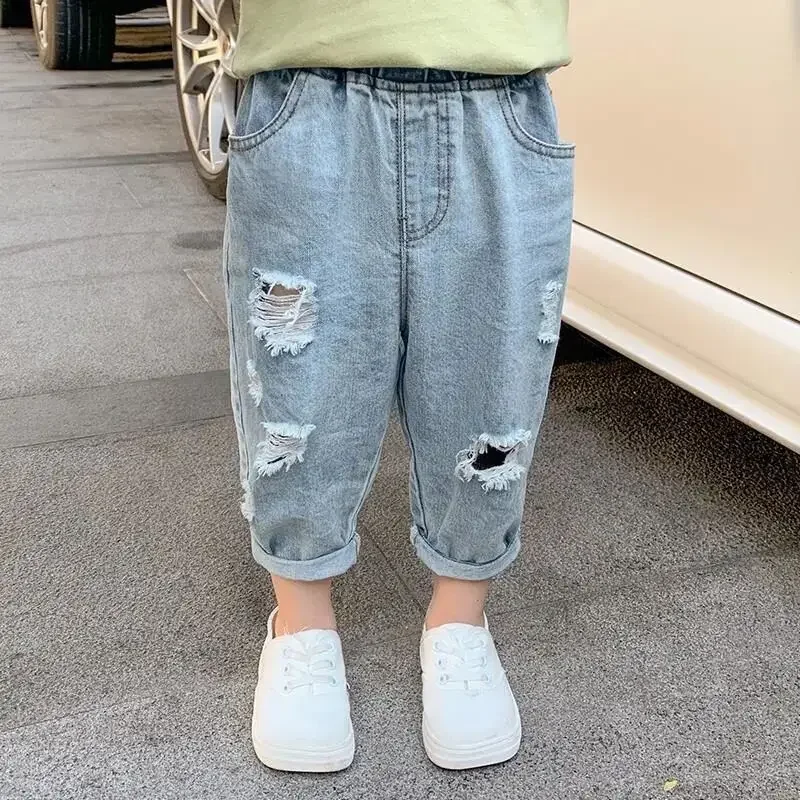 Summer Children\'s Ripped Jeans Pant 2024 Spring and Autumn Clothes Boys Casual Loose Pants Girls Baby Loose Trousers Thin