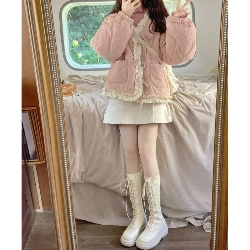 Lace cotton jacket for women 2022 winter new item Korean version loose student cotton coat jacket for women Instagram