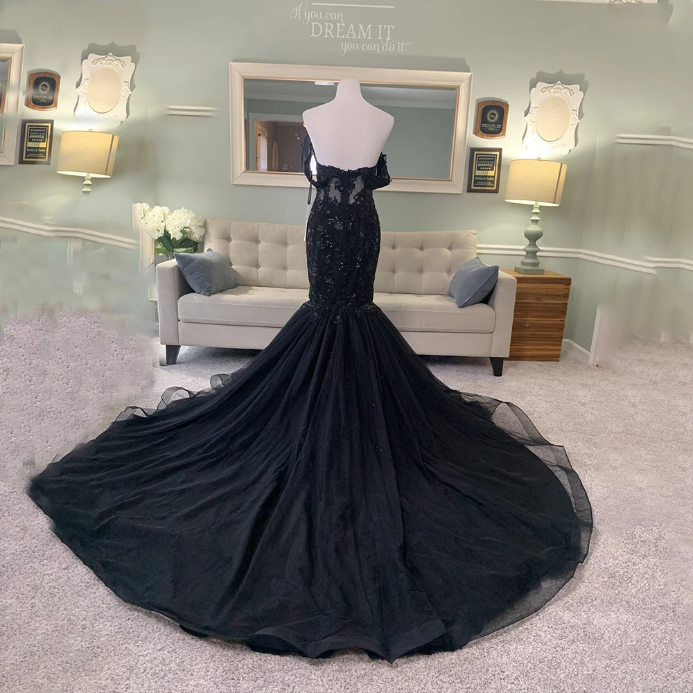 

Black Wedding Dresses Sweetheart Mermaid Halloween Bride Dress Appliques Tulle Gothic Bridal Gown Customized vestidos de novia