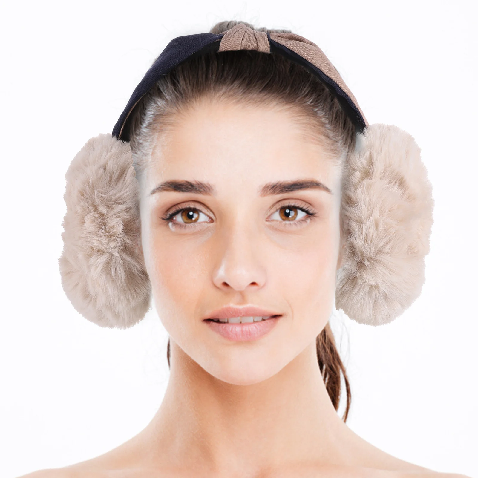 

Furry Two Color Headb Foldable Warm Earmuffs Winter Apricot Color Lightweight Comfortable Women Men