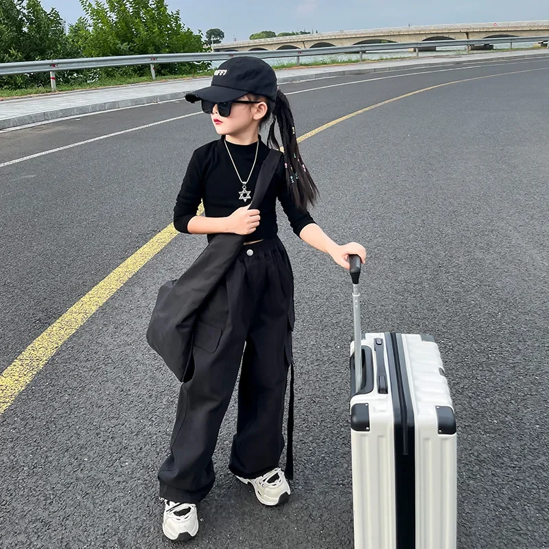 

Teens Girls Cargo Pants New Autumn Children Fashion Pocket Wide Leg Pants High Waist Kids Casual Trousers 6 8 10 12 14Year Old