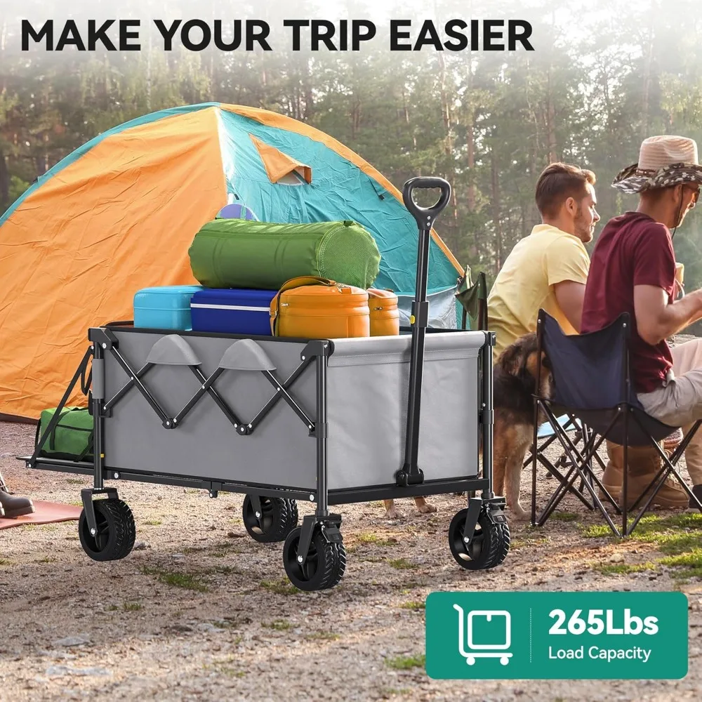 "Vagão utilitário dobrável resistente de 150l com carrinho de praia longo de 45'' e capacidade de carga de 265 libras"