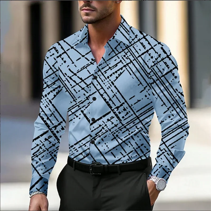 قميص رجالي رفيع ومريح بأكمام طويلة، قميص فاخر بأكمام طويلة بنمط طباعة رخامية هندسية ثلاثية الأبعاد لملابس ربيع الخريف