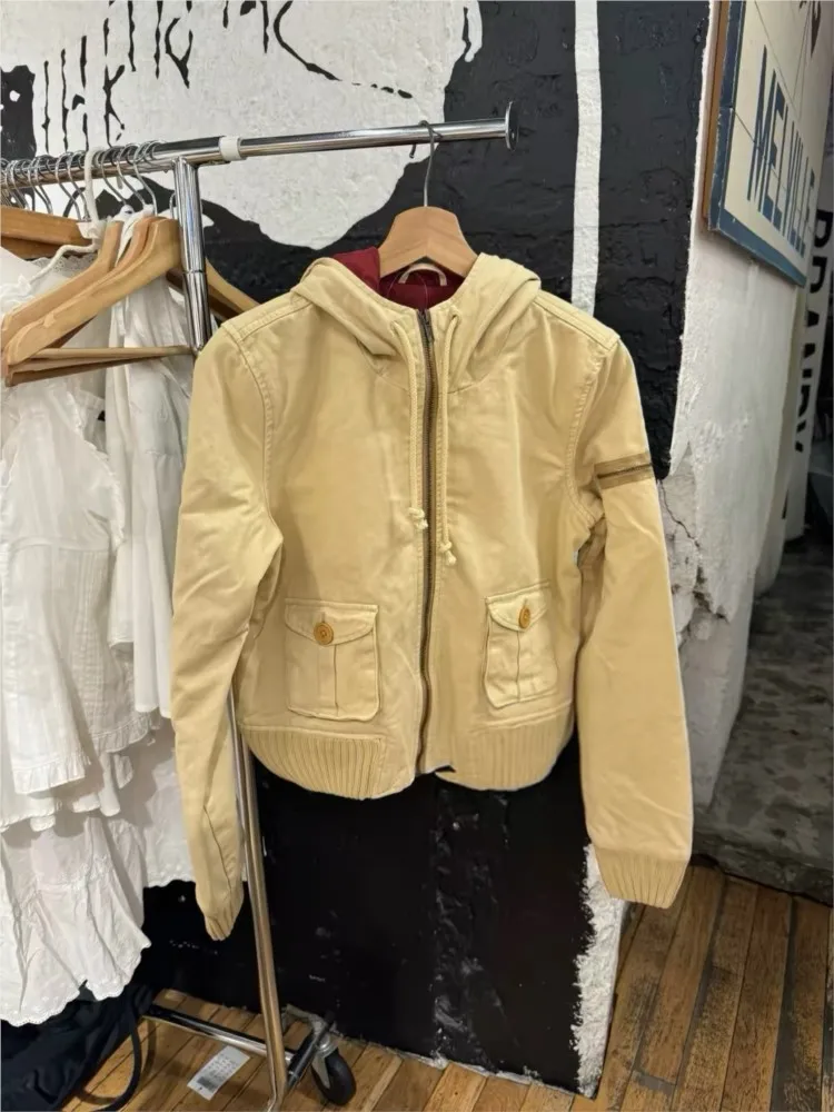 Khaki Slim Hoodie Jacket Women Autumn New Cotton Thick Warm Drawstring Coat Tops Vintage Preppy Style Cropped Outerwear Y2K