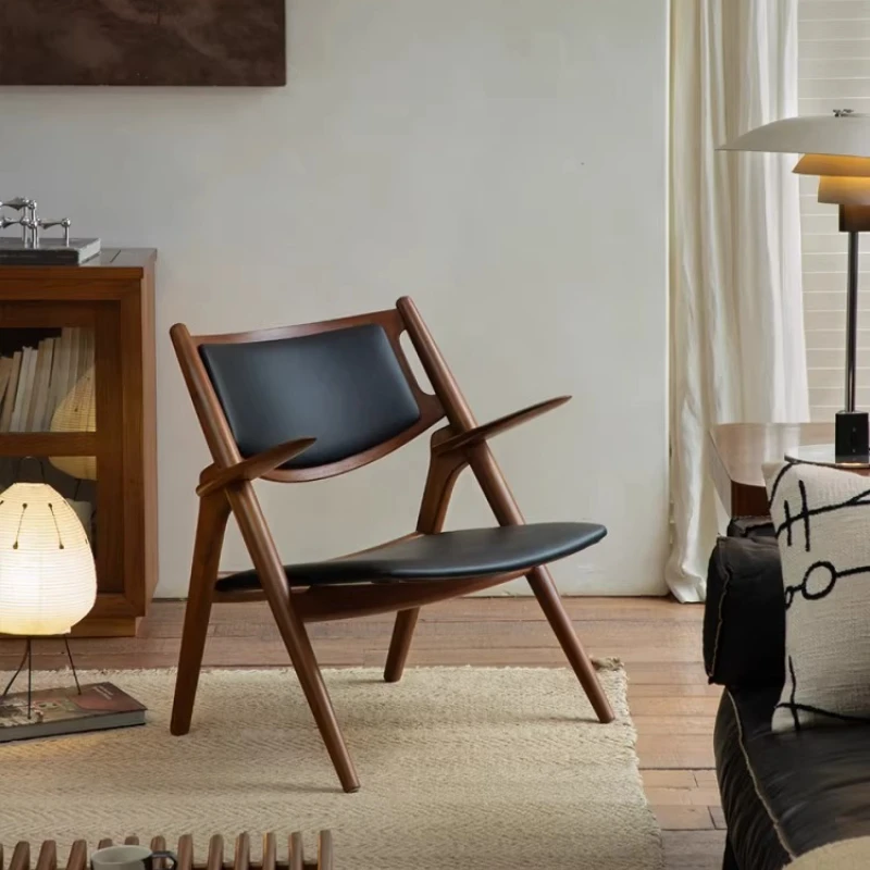 

Medieval retro style designer backrest single head layer, cowhide solid wood armrest, casual sofa chair