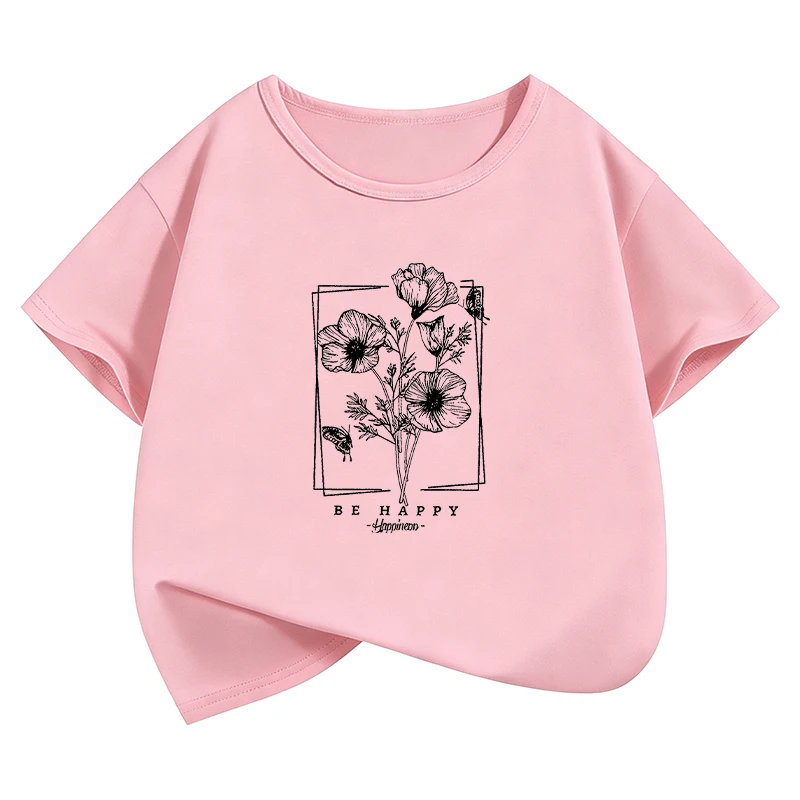 Be Happy Vintage Flower Butterfly T Shirts Gothic Kids Children's T-shirt Boys Girls Casual Top Tee Summer Spring Tops