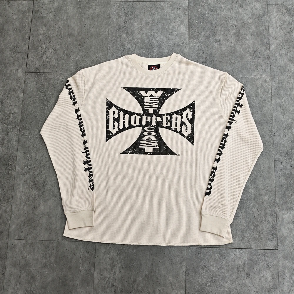 Yao Fashion Waffle Fabric Loose Long Sleeve Tops Sanskrit Logo Streetwear Y2k Casual Oversize Vintage Retro Men T Shirt For Men