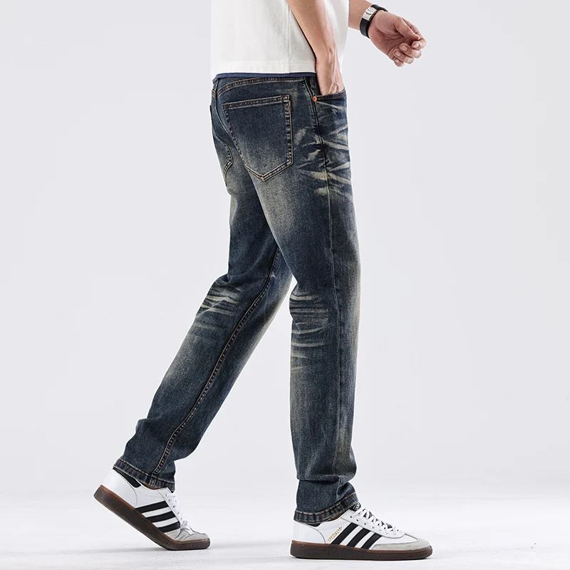 

Y2K Дизайнерские модные мужские джинсы Высокое качество Ретро стираные синие эластичные облегающие рваные джинсы Мужские винтажные повседневные джинсовые брюки Homme