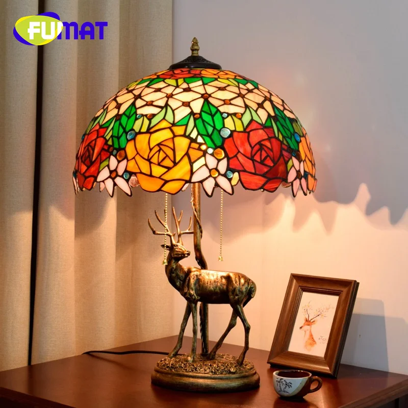 

FUMAT Tiffany's elk colorful rose style stained glass desk lamp Art Deco living room Dining Room bar Study bedroom Bedside lamp