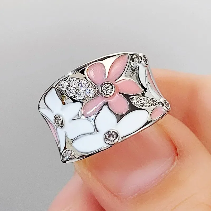 2026 Aesthetic Enamel Flower Finger Ring for Women Wedding Party New 2023  Silver Color Luxury Cubic Zirconia Jewelry Gift