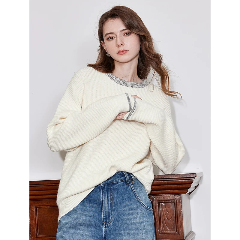 TOYOUTH Women Sweater 2024 Autumn Winter New Lazy Style Round Neck Long Sleeve Solid Color Knitted Pullover Tops