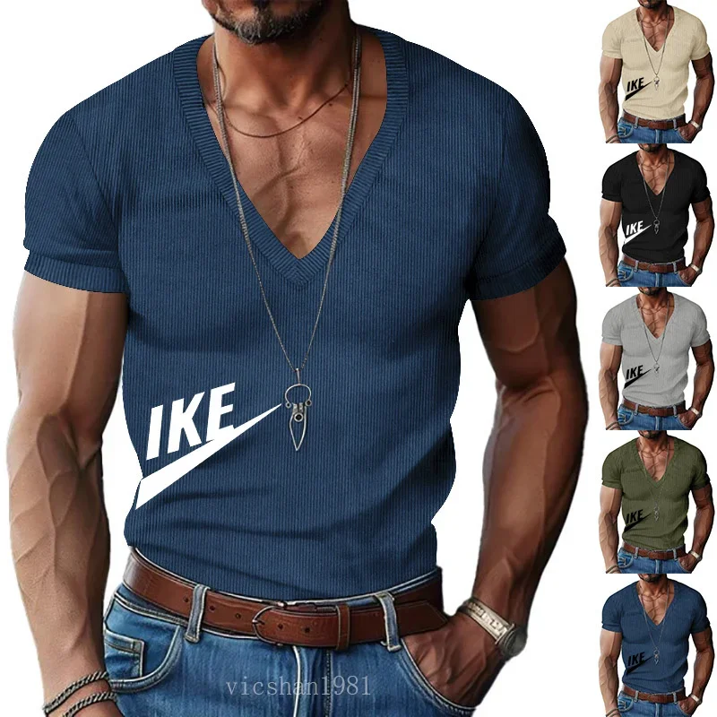 

Men's clothing Summer fashion V-neck solid color pullover T-shirt Casual print breathable high quality sweatshirt top