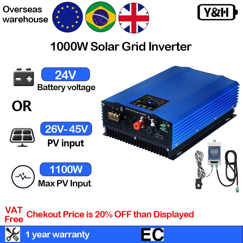 Y&H1000W Grid Solar Micro Inverter With limiter LCD Display PV DC26-45V AC230V Pure Sine Wave 24V Battery adjustable power