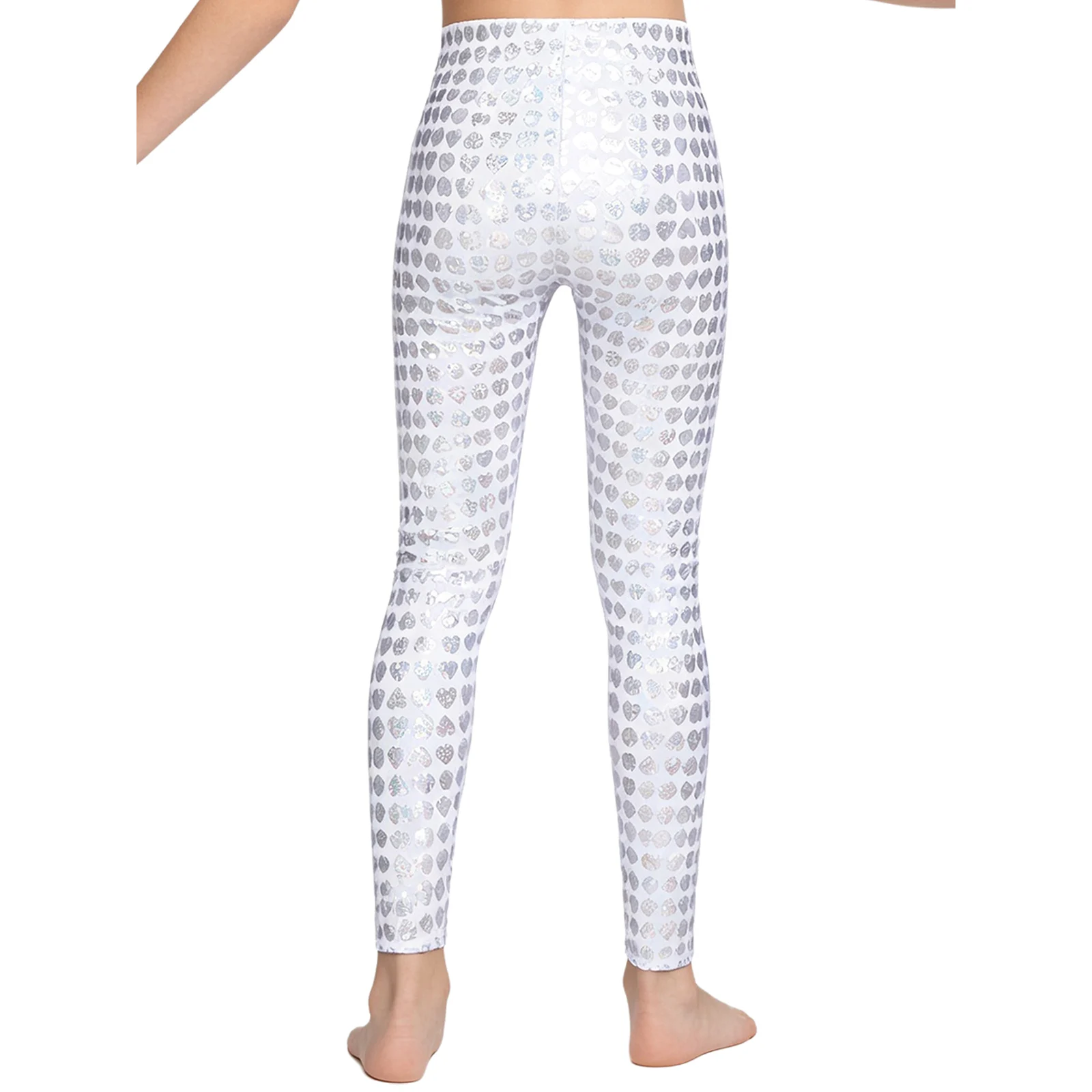 Children Metallic Heart Printed Leggings Jazz Dance Ballet Gymnastics Performance Costume Elastic Waistband Shiny Skinny Pants