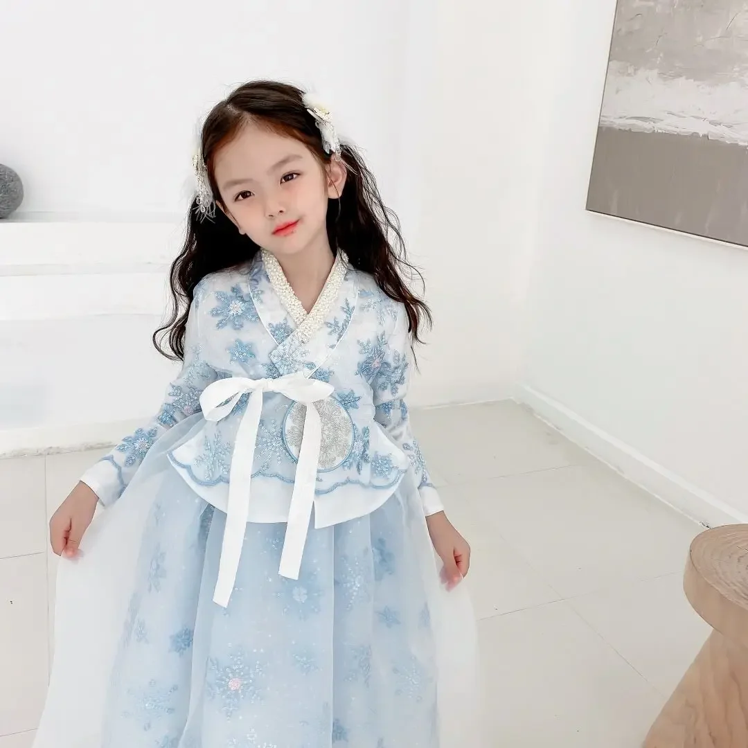 Heavy Industry Chinese Style Blue Snowflake Long Sleeved Coat Kimono Dress Girls Sweet Dance Clothes Korean Traditional Clothing