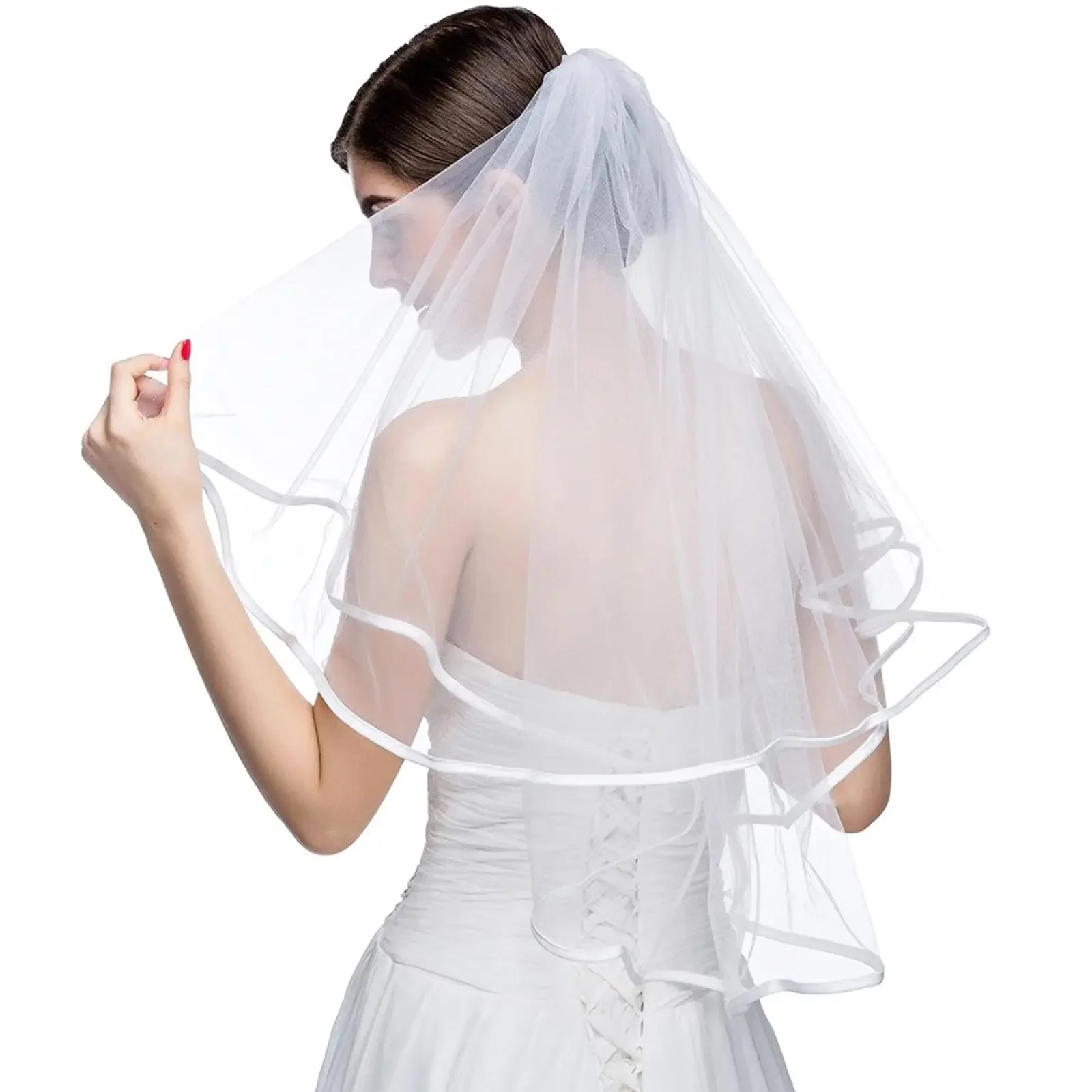 Bridal Veil Women's Simple Tulle Short Wedding Veil Satin Edge With Comb Women Girls 2 Tier Ribbon Edge Veil for Wedding