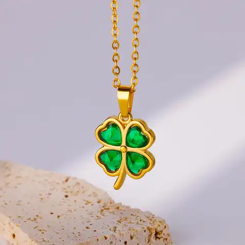 Green Four Leaf Clover Zircon Necklaces For Women Stainless Steel Gold Color Four Leaf Pendant Necklace  Weeding Jewelry Gift