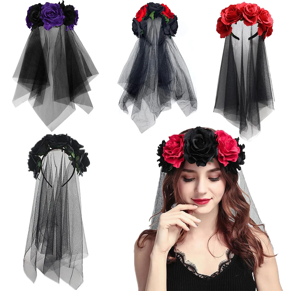 

Creative Mexican Day of The Dead Rose Flower Headband Halloween Veil Headbands for Women Girls