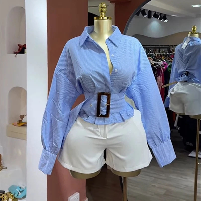 

New Design Women Shirt Spring Autumn Striped Long Sleeve Slim Waist Patchwork With Belt Tops