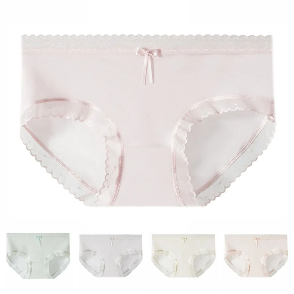

5PCS Sweet Bow Ice Silk Panties Mid Waist Seamless Mesh Transparent Briefs Cotton Crotch Underpants Underwear for Women Gifts