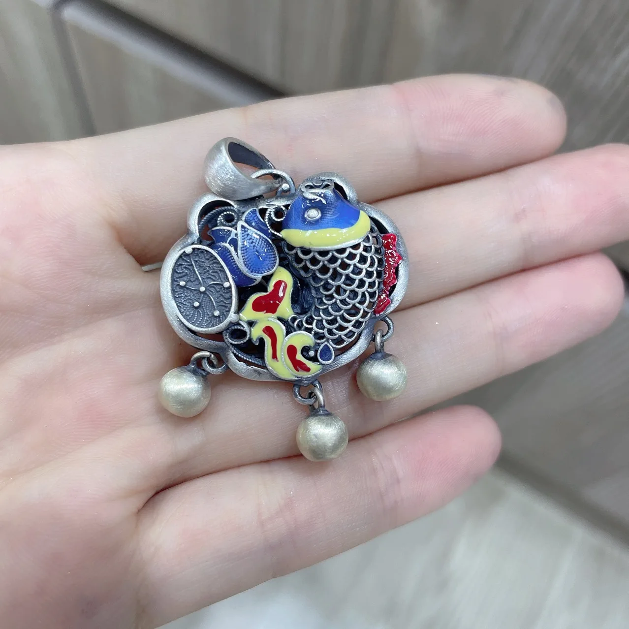 

Pure 999 Silver Enamel Lotus Fish Pendant Jewelry for Women Girls Chinese Style Retro Ruyi Lock Shape Hollow Pendants Ornaments