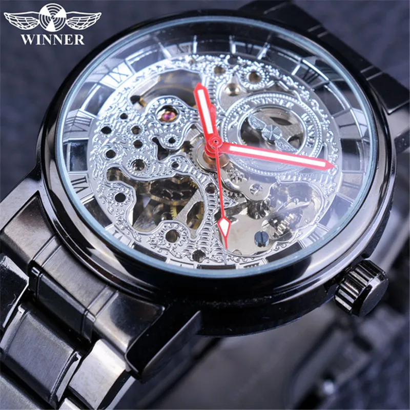 Fashion Men's Winner Top Brand Automatic Full Stainless Steel Casual Luxury Chronograph Retro Roman Numerals Hollow Out Watches