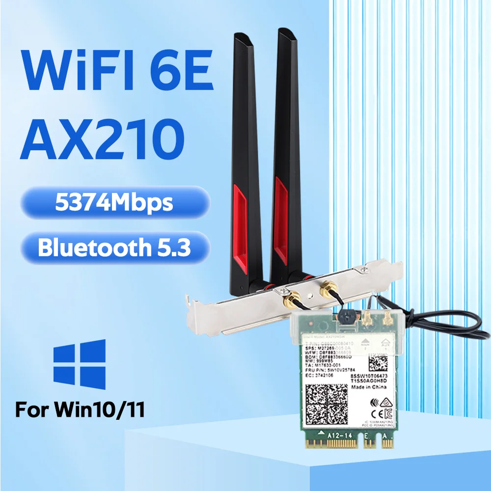 WiFi 6E AX210 Desktop Wireless Adapter 5374Mbps Bluetooth 5.3 802.11ax M.2 WiFi Adapter With 10dbi Antennas For Win 10/11