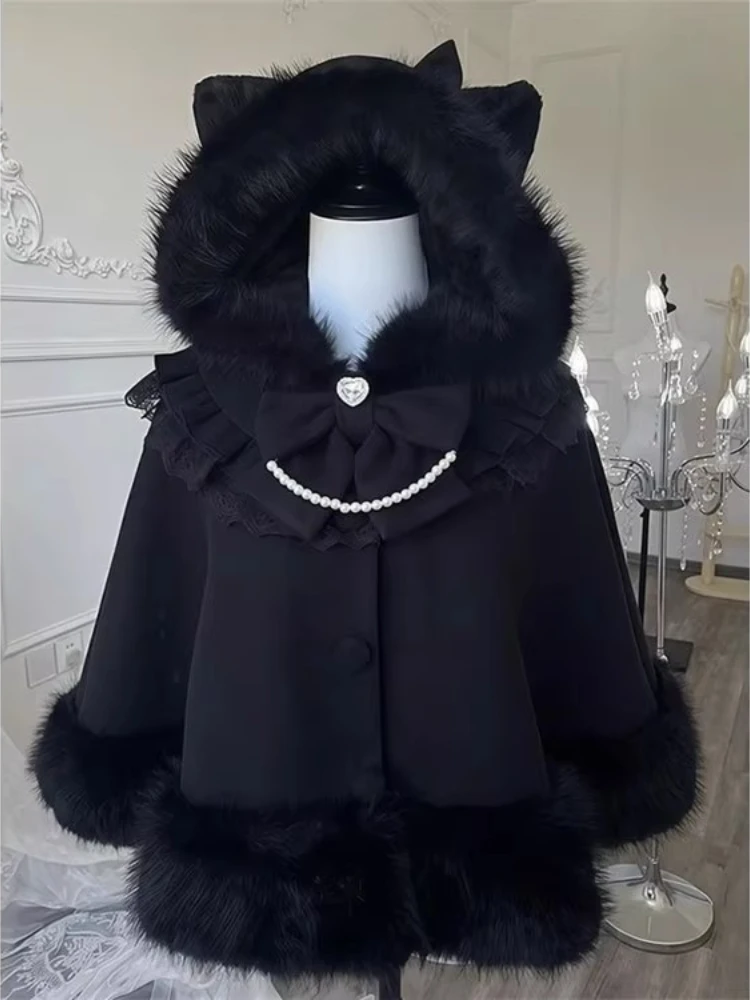 

New Winter Lolita Shawl Overcoat Tops Women Design Kawaii Bow Hooded Patchwork Cloak Coat Harajuku Chic Sweet Lovely Warm Coats