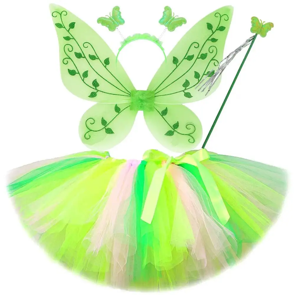 Pink Green Fairy Tutu Skirt for Girls Woodland Elf Dress Up Ballet Tutus Outfit for Kids Halloween Christmas Disguise with Wings