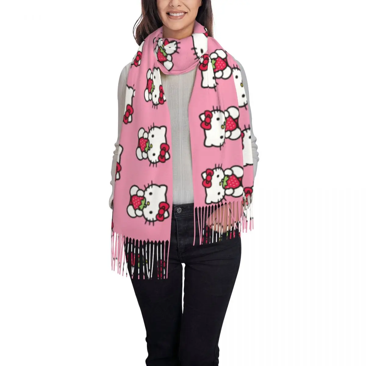 Custom Hello Kitty Tassel Scarf Women Winter Warm Shawl Wrap Ladies Cartoon Scarves