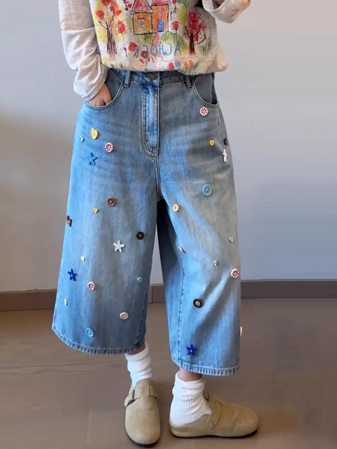 

Retro American Button Jeans Mid-Rise Straight Leg Wide Leg Seven-Foot Pants ex Summer Casual Durable Jeans