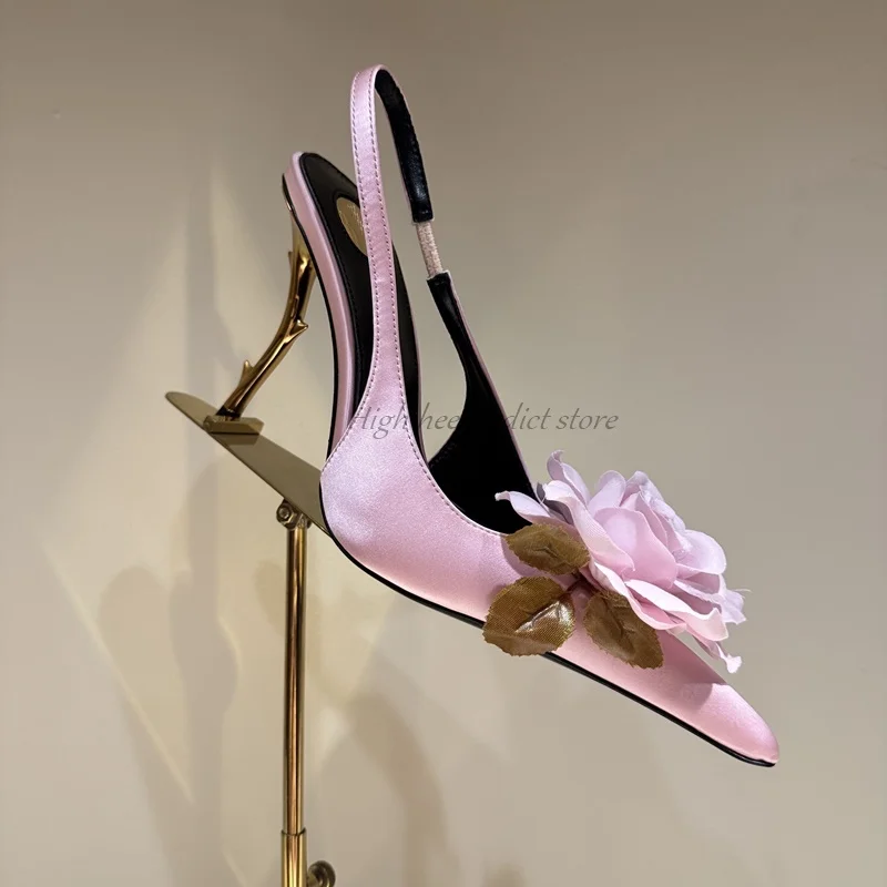 

Атласные сандалии с острым носком и розовым цветком, розовые, черные/зеленые кожаные туфли в странном стиле на высоком каблуке, новинка лета 2023 года, вечерние пикантные туфли