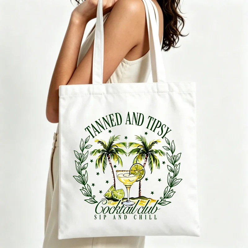 palm tree and cocktail print canvas tote bag, casual style for summer beach outings and daily use